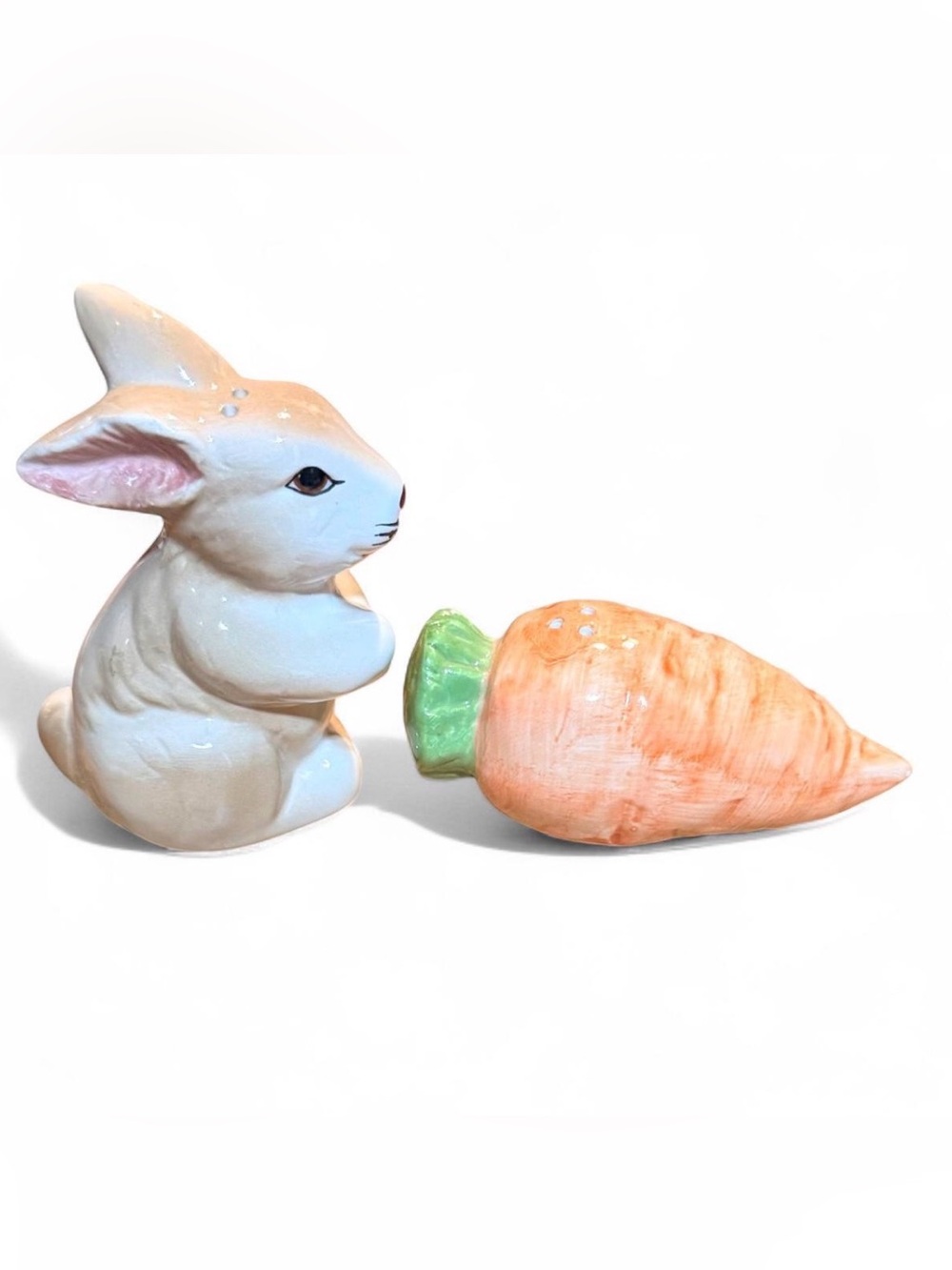 Hand Painted Ceramic Bunny and Carrot Salt and Pepper Shaker Set